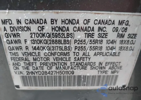 2007 Acura Mdx Technology Package from USA, damaged, VIN 2HNYD28427H501109